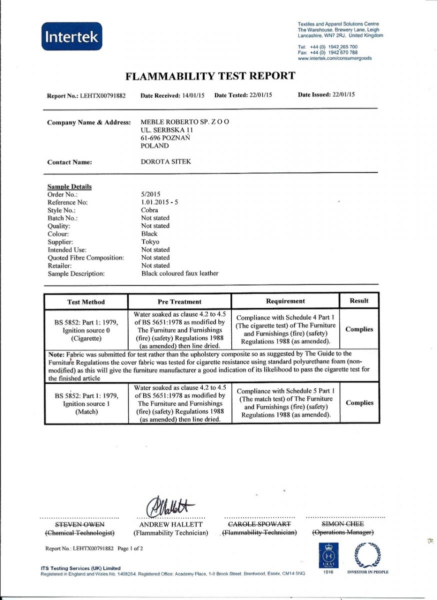 Certificates – PF Furniture